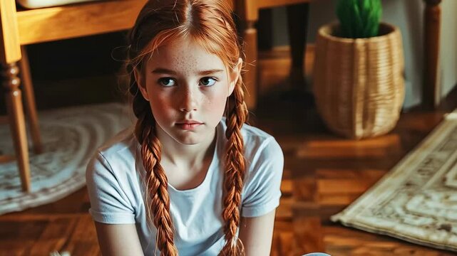 A young Caucasian girl with red braided hair looks contemplative indoors. Dressed in a blue shirt, her mood is reflective amid a warmly lit rustic background, suggesting a moment of introspection