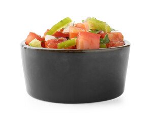 Tasty salsa sauce in bowl isolated on white