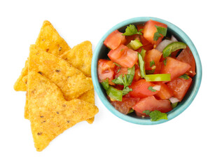Tasty salsa sauce in bowl and tortilla chips isolated on white, top view