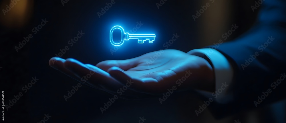 Poster futuristic digital key appearing in a hand symbolizing security, technology, and innovation in moder