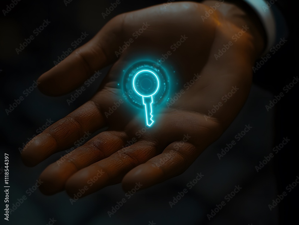 Poster Futuristic Hand Holding Holographic Key Symbol Representing Security and Access Technology in a Digital World for Innovation and Modern Conceptual Design