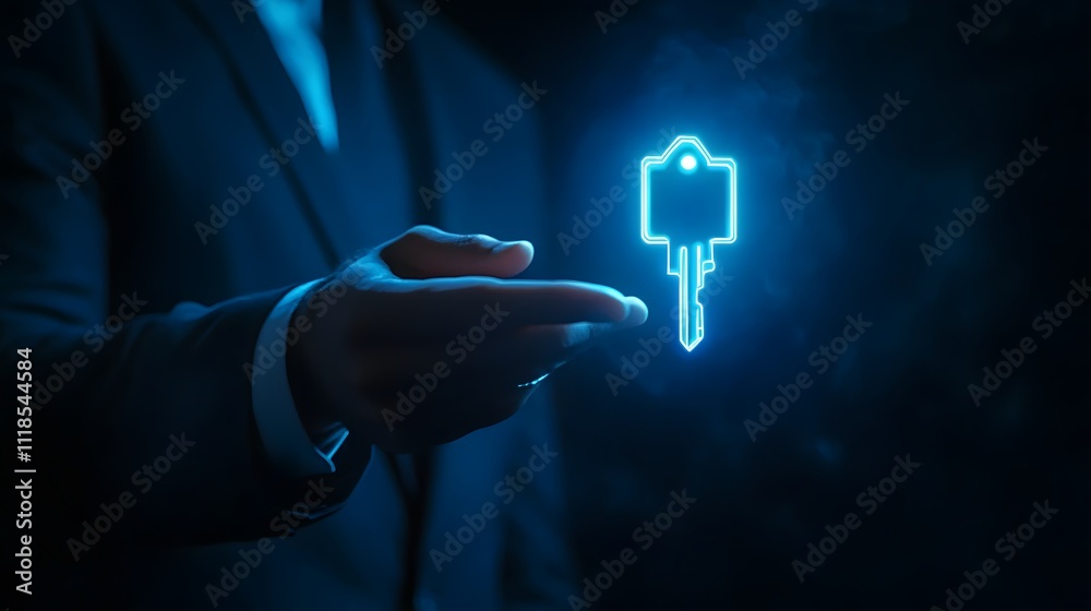 Poster futuristic businessman holding holographic key symbolizing security and access in the digital age, r