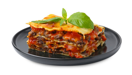 Delicious cooked lasagna with basil isolated on white
