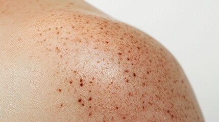 Fototapeta premium Skin close-up showing uneven texture and dark spots on a shoulder