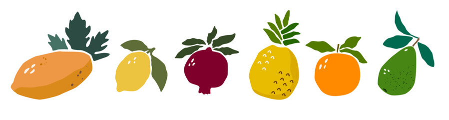 set of tropical fruits in Matisse paper cut style. collection of vitamin-rich vegetarian healthy food products.  avacado, lemon, pomegranate, pineapple, orange, papaya. vector objects isolated