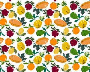 Seamless pattern of tropical fruits in Matisse paper cut style. Collection of vitamin-rich vegetarian healthy food products.  avacado, lemon, pomegranate, pineapple, orange, papaya. Kitchen decor.