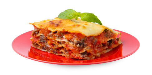 Piece of delicious cooked lasagna with basil isolated on white
