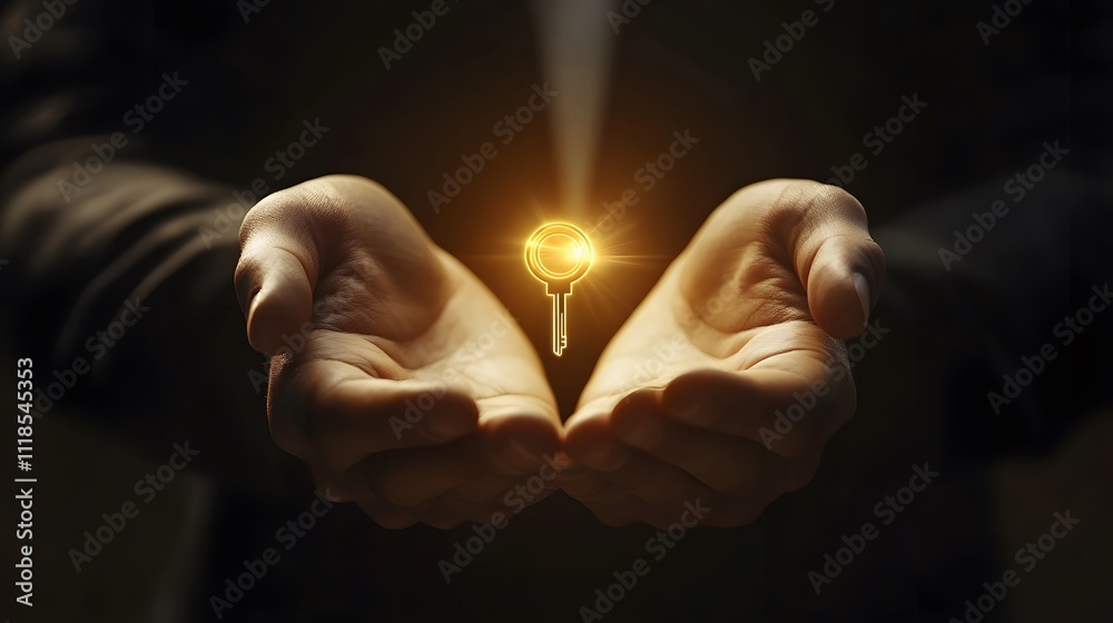 Poster hands holding a glowing key symbolizing opportunity and unlocking potential in a mystical setting fo