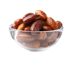 Tasty dried dates in glass bowl isolated on white