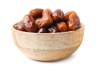 Tasty dried dates in wooden bowl isolated on white