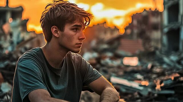 A young Caucasian male sits solemnly among ruins, contemplating life as the sun sets, providing a backdrop of warm golden hues and a profound atmosphere of reflection and desolation in an urban