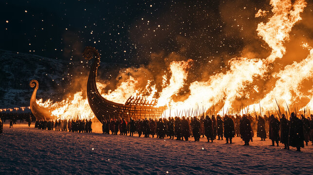 Up Helly Aa Festival, Viking ship burning procession in the middle of the field surrounded by participants in Viking warrior costumes, Ai generated images