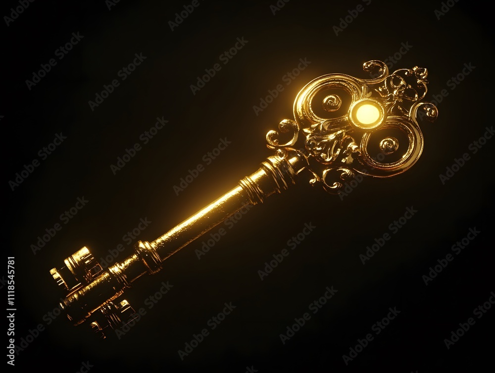 Aufkleber antique ornate golden key with intricate designs and bright reflective surface isolated on a dark ba