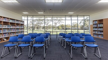 Fototapeta premium Modern Library Reading Room with Large Windows and Blue Chairs