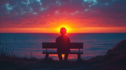 Silhouette of person sitting on bench watching sunset over ocean.