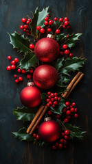 festive flat lay of Christmas ornaments, holly, and cinnamon sticks arranged on a rustic wooden surface