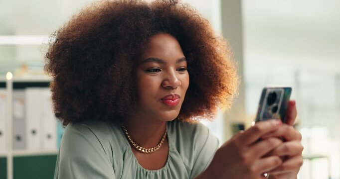 Office, black woman and smile with smartphone for chat, notification and communication online. Workplace, female person and receptionist with mobile for message, text contact or social media on break