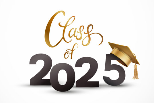 Graduate college, high school or university cap with Class of 2025 on white background. Vector gold 3d degree ceremony hat. Student congratulation banner
