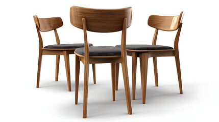 Three wooden chairs with black cushions are arranged in a row