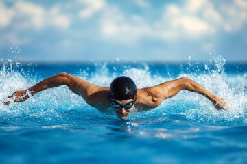 Swimmer glides through blue water, creating waves.