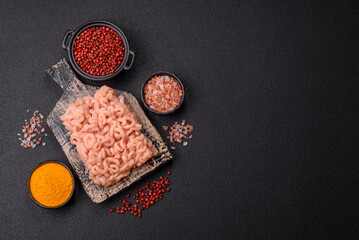 Raw minced chicken with salt, spices and herbs