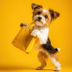 Yorkshire Terrier holds shopping bag on hind legs