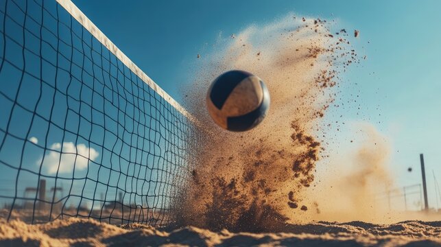 Beach volleyball game action shot, ball hitting sand, dust cloud.