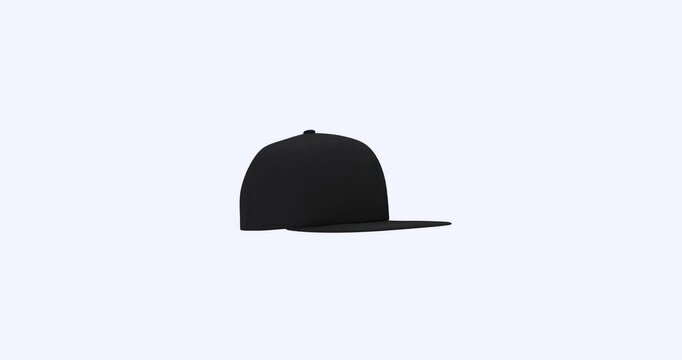 Realistic 3D model of a black trucker cap with a fabric texture. 360-degree rotating view on a seamless white background, ideal for branding, advertising, and product mockups. 4K loopable video
