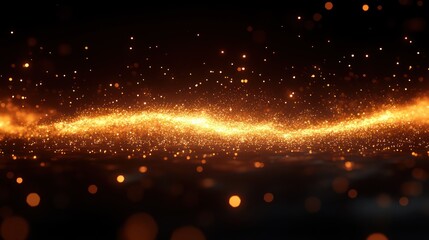 Fototapeta premium Glowing golden particles stream, dark background.
