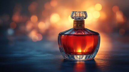 Elegant perfume bottle with amber liquid on dark background.
