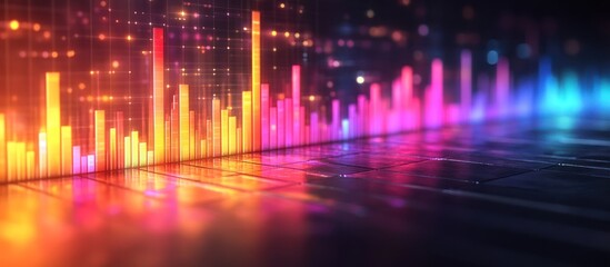 Obraz premium Abstract colorful glowing bar graph reflecting on a dark surface.