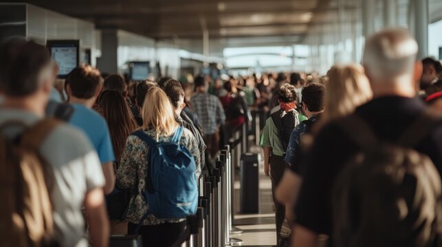 Busy airport security line with travelers preparing for safety checks, highlighting modern travel efficiency and precautions