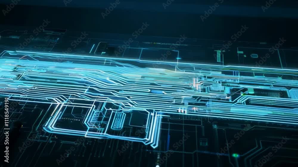 Poster Motherboard with chips transferring network signals. Circuit board concept with calculations on the chip blocks