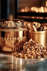 gold frankincense and myrrh containers elegantly arranged on smooth surface symbolizing three kings day with copy space