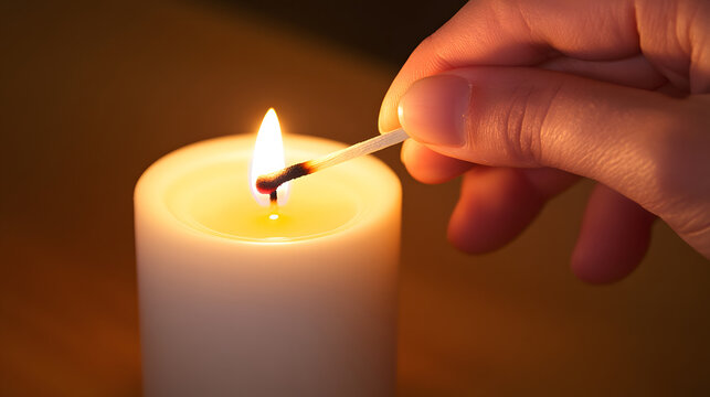 A woman's hand holding a match lighting a white candle in an act of prayer and hope