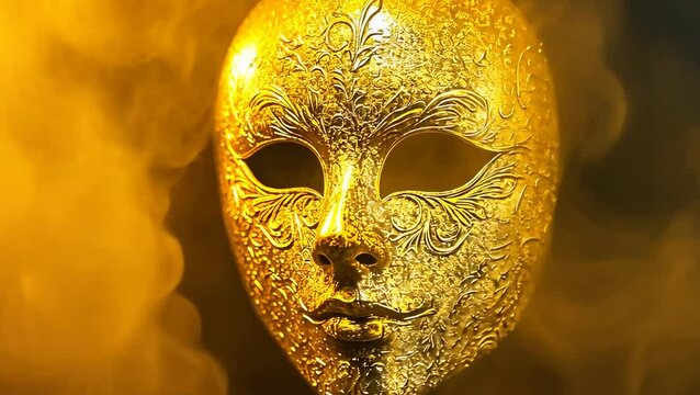 A golden ornate mask, intricate in detail, emanates from a dim, smoky background, capturing a mood of mystery and allure at dusk. This evokes themes of concealment and revelation.
