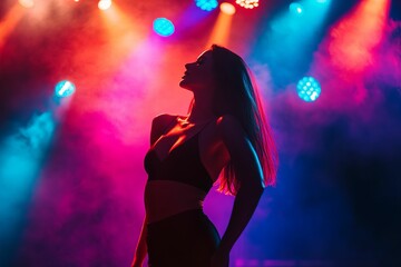 Silhouette, woman, stage, colorful lights, smoky.