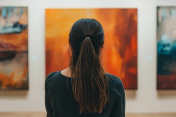 Woman views abstract paintings gallery.