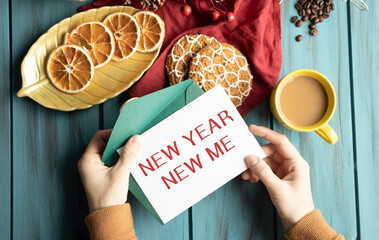 New year new me, new year positive quotation on wood box, new year motivation, inspiration