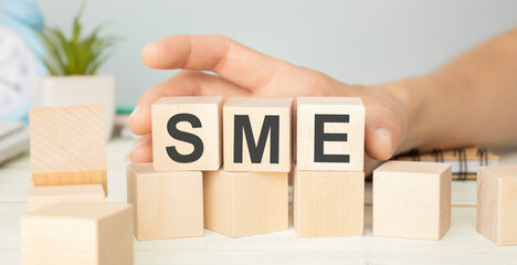 SME , Small and Medium Enterprise , business word on wooden cubes background, with copy space for text