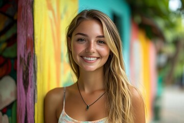 Fototapeta premium Smiling blonde woman, colorful background, summer.