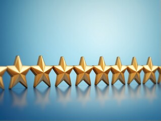 Fototapeta premium a row of ten gold stars lined up horizontally against a blue background. The stars are three-dimensional and have a shiny appearance, reflecting light