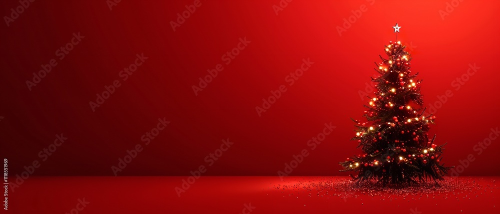 Aufkleber A close-up graphic of the fir tree and strings of lights in the background on a red background having enough of content area for backdrop usage, Generative AI.