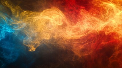 Fototapeta premium Abstract swirling smoke in vibrant colors of blue, orange, and red.