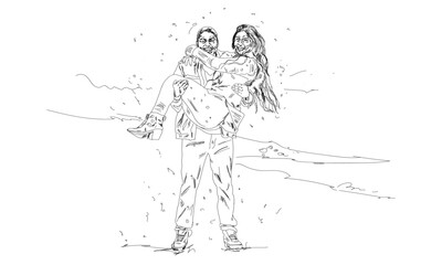 valentines couple storyboard. Cute young couple in love. spending time on Valentine's day in snowy winter forest in mountains. 