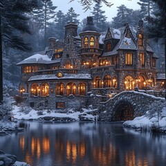 Beautiful highlighting a stone cottage captured perfectly in a snowy winter forest picture