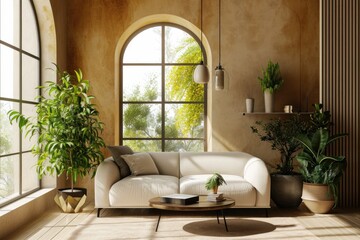 Modern Minimalist Living Room Interior with White Sofa, Houseplants, and Arched Window