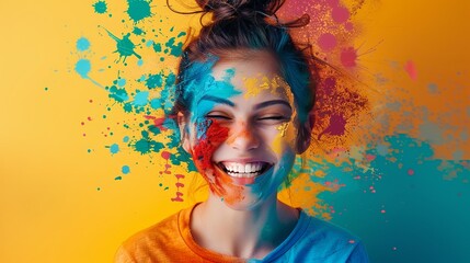 Obraz premium Cheerful girl with colorful paint splashes, showcasing joy and creativity.