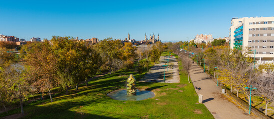 Panoramic Park View with Basilica del Pilar in Zaragoza