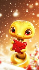 A golden baby cartoon snake with red eyes looking at camera, holding a red envelope